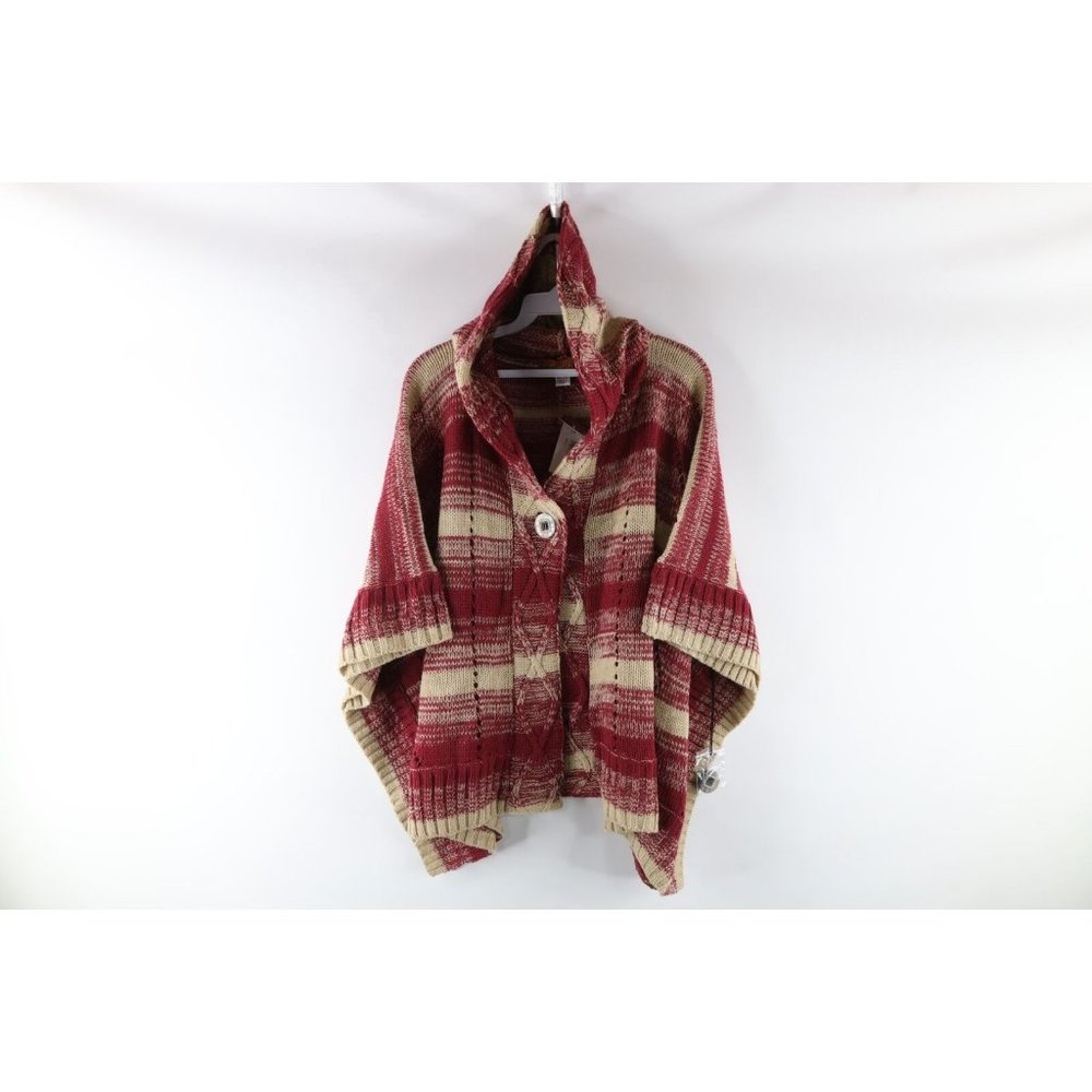 NOS Vintage Scully Womens One Size Boho Chic Knit Hooded Poncho Button Sweater